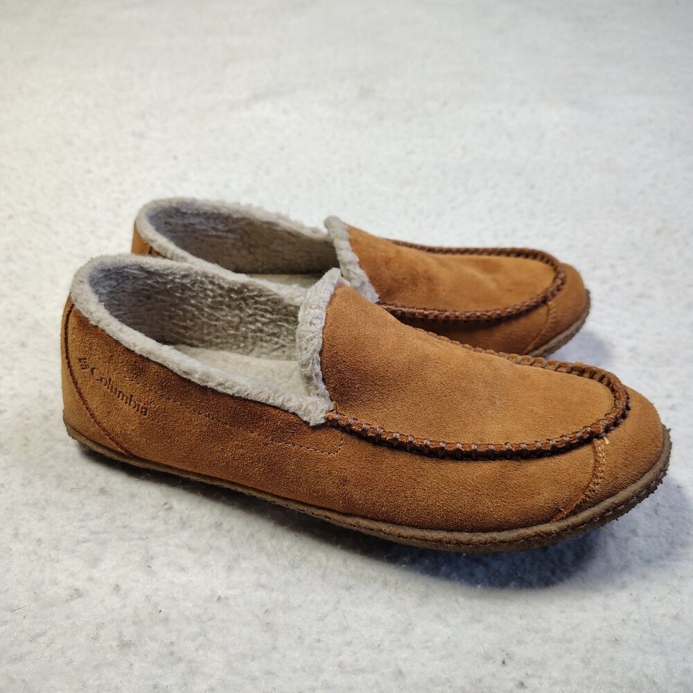COLUMBIA Fairhaven Moccasin Slippers Size 10 Brown Leather Lined Crepe‎ Sole